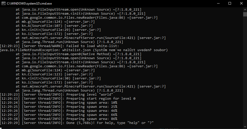 Server po prvním spuštění